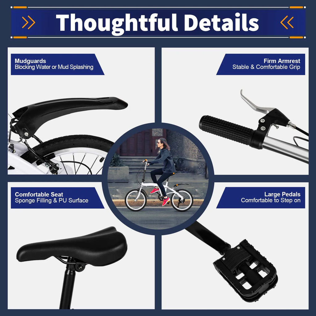 White Foldable Bicycle for Kids & Adults (4.6-6.2ft) - 6-Speed, Dual V-Brakes,Portable for Outdoor, Muddy, Mountain Roads