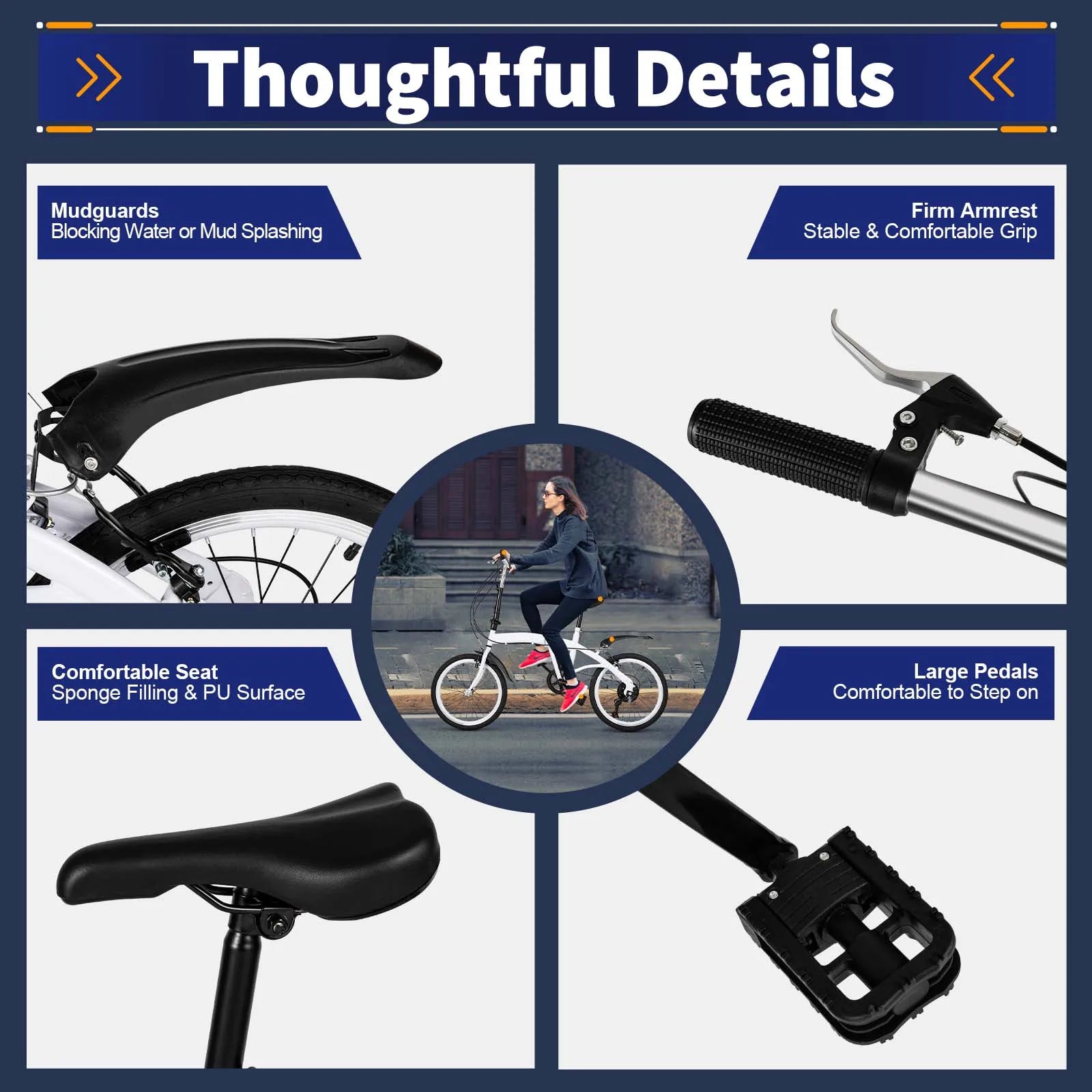 White Foldable Bicycle for Kids & Adults (4.6-6.2ft) - 6-Speed, Dual V-Brakes,Portable for Outdoor, Muddy, Mountain Roads