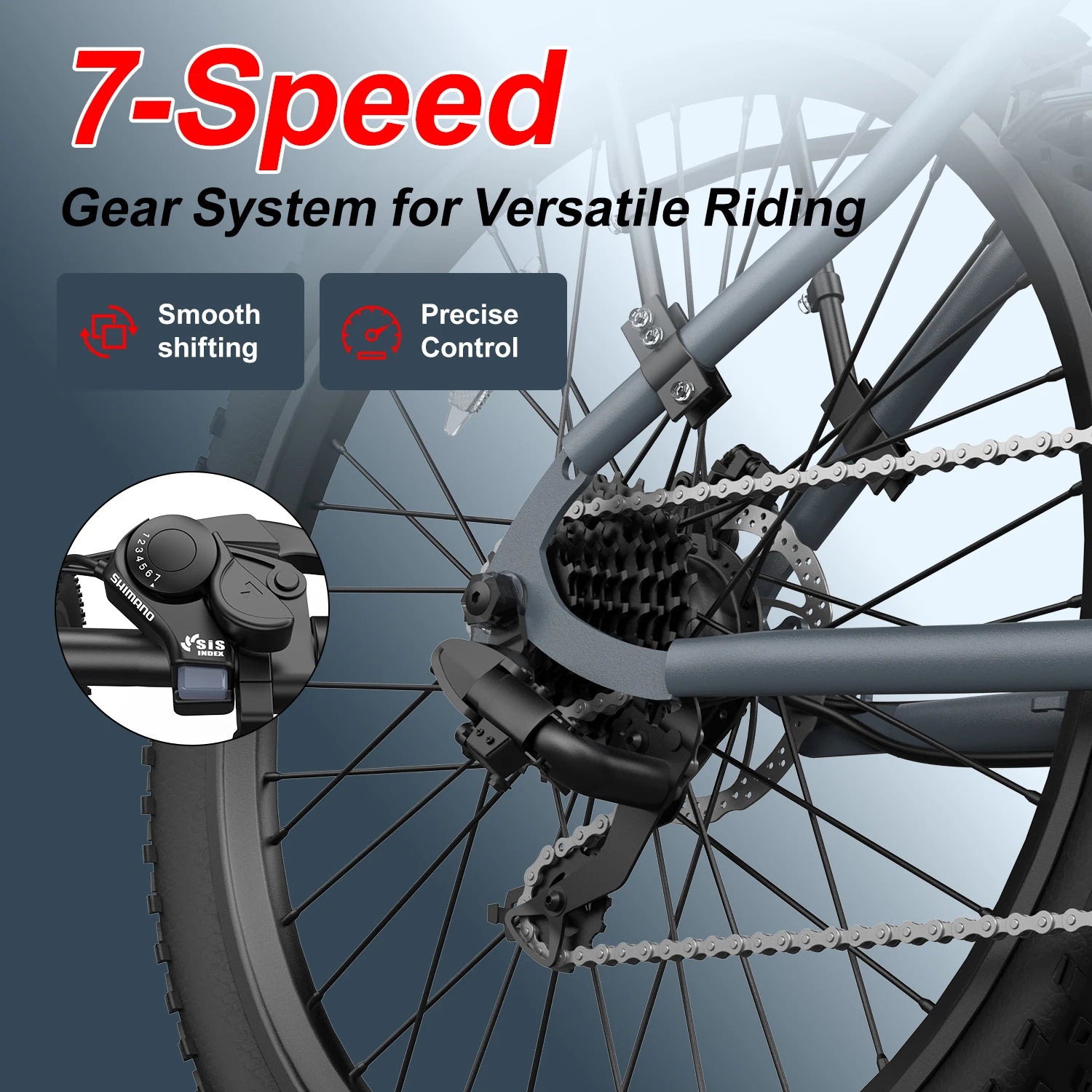 Adult electric bike with a 500W motor, 26x1.95 anti-slip tyres, a 36V 10.4Ah removable battery, a 7-speed gear system, and unisex pedal-assisted electric bike