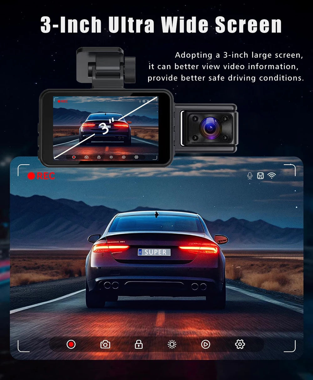 WiFi 3-Channel Dash Cam — 1080P, Cabin Lens