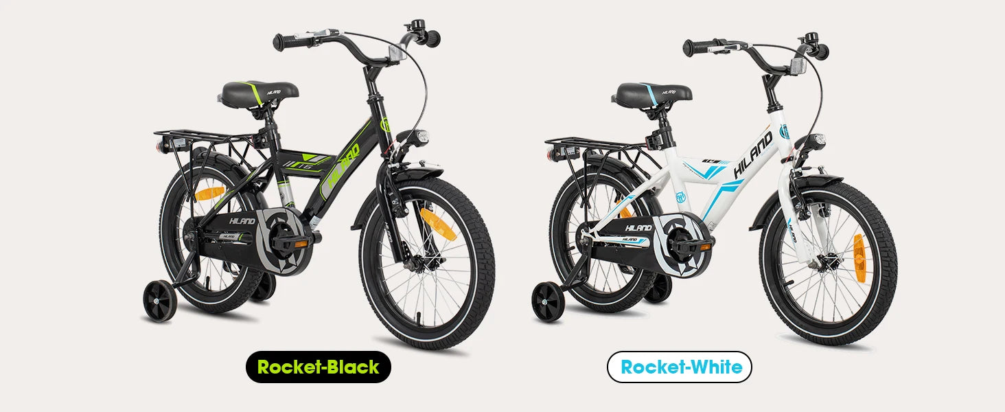 Hiland 16/18 Inch Kids Bike, Bike for Boys and Girls 4-9 Years, Black/White Kids Bicycle with Luggage Rack Stabilisers