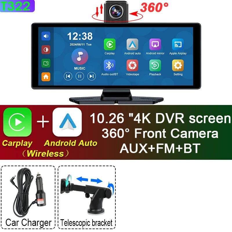 Caméra embarquée 4K — 10/11.26", CarPlay et Android Auto sans fil, DVR double objectif 360°