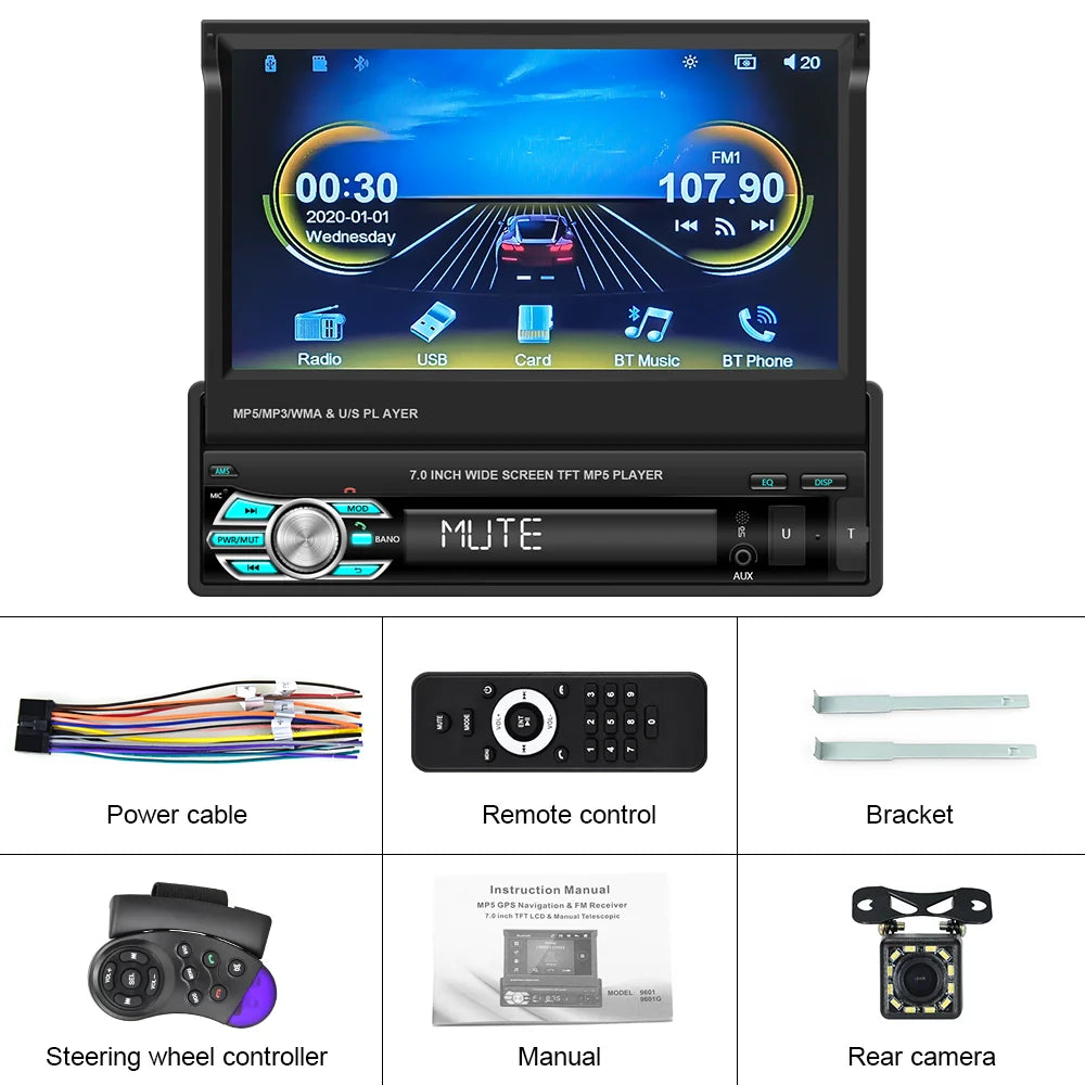 Podofo 1Din — Retractable Screen, CarPlay, Android Auto