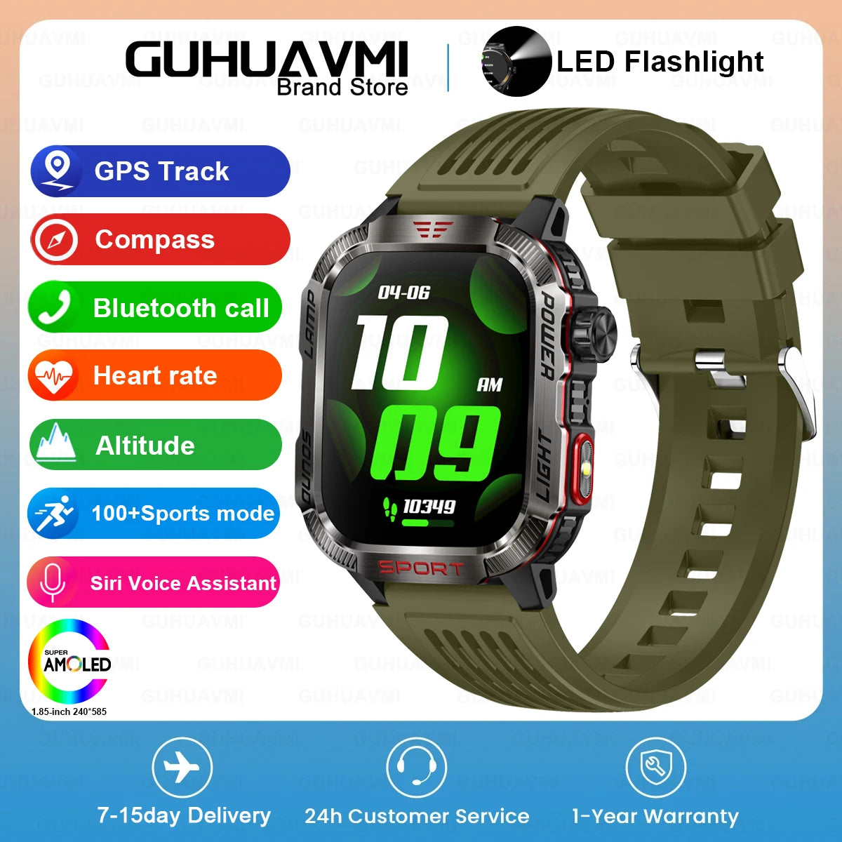 GUHUAVMI Outdoor Watch — AMOLED, GPS, Bluetooth