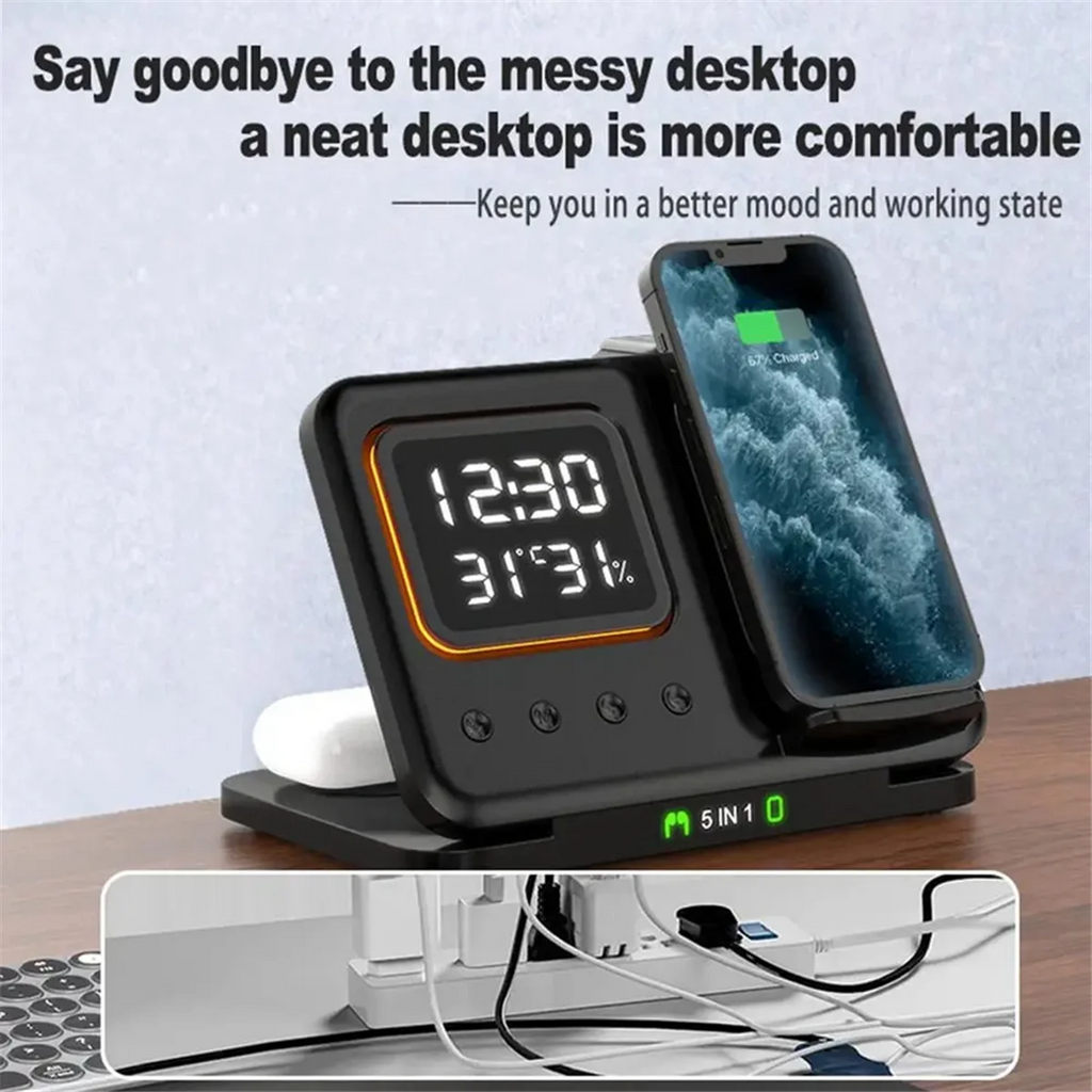5-in-1 Charging Station — LED Clock, Fast Charge