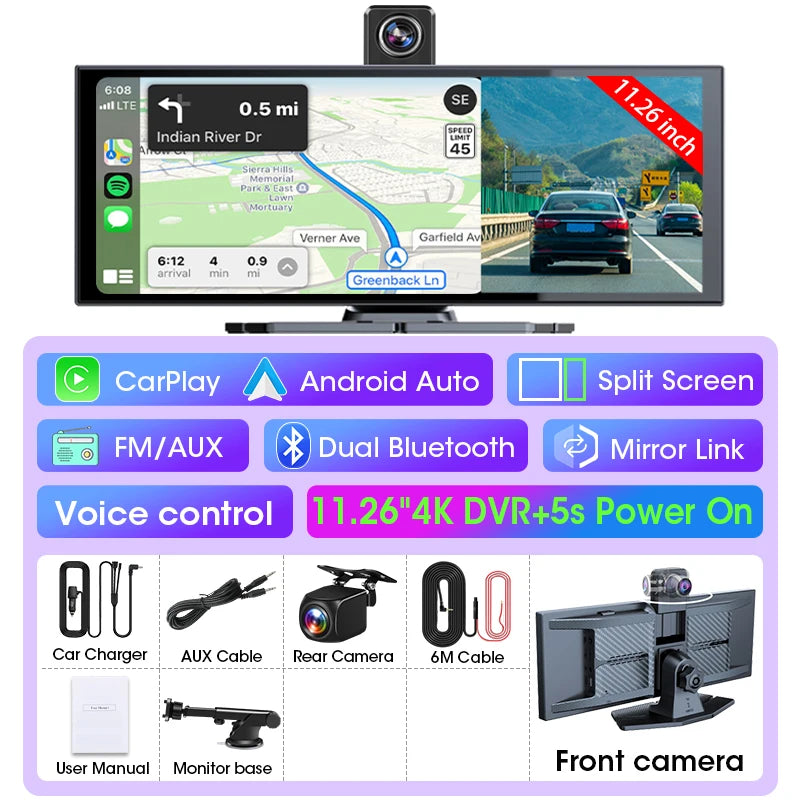 Caméra embarquée 4K — 10/11.26", CarPlay et Android Auto sans fil, DVR double objectif 360°