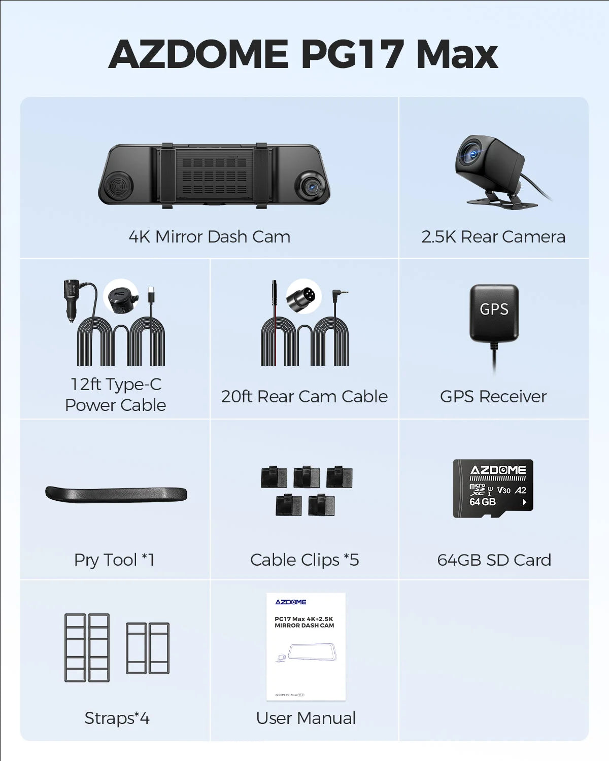 AZDOME PG17 MAX — 4K Dash Cam, GPS, Voice Control