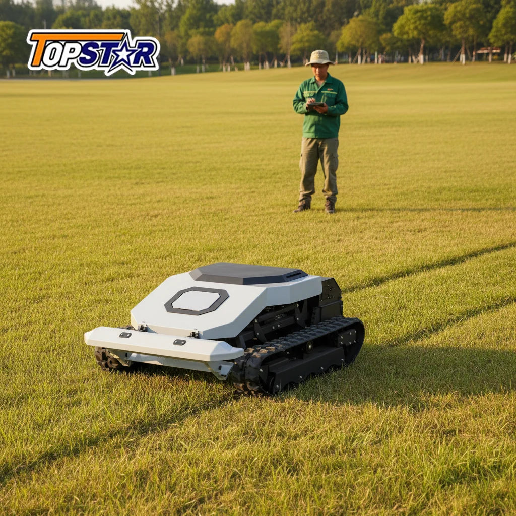 Cordless Tracked Lawn Mower with Obstacle Detection And GPS Remote Control for Rough Terrain Commercial Farm Use