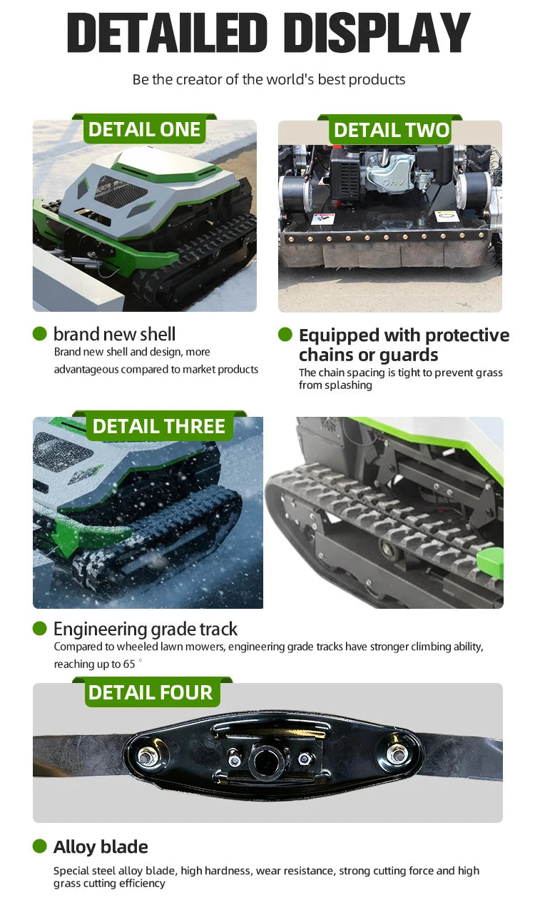 Cordless Tracked Lawn Mower with Obstacle Detection And GPS Remote Control for Rough Terrain Commercial Farm Use