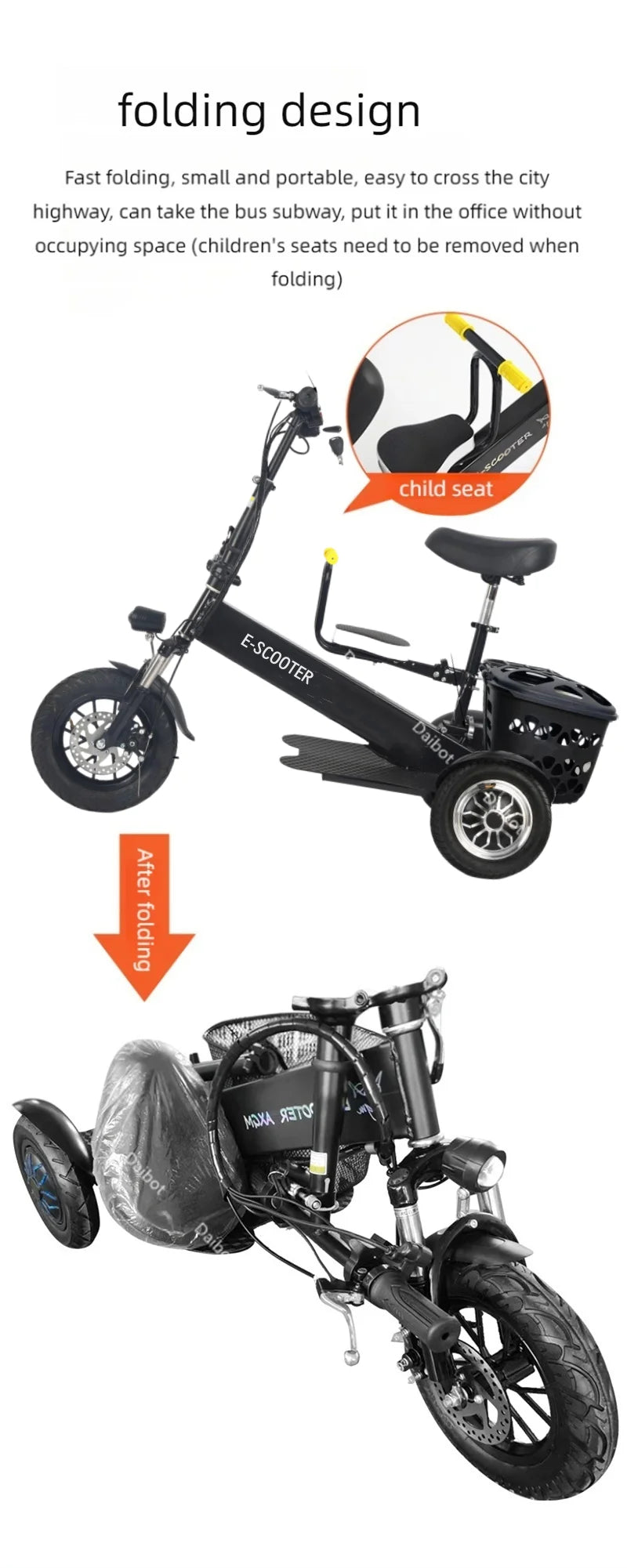 Foldable Mini Electric Tricycle For Woman with toddler seat 500W 36V lightweight Three Wheels Electric Scooter For Adults Basket