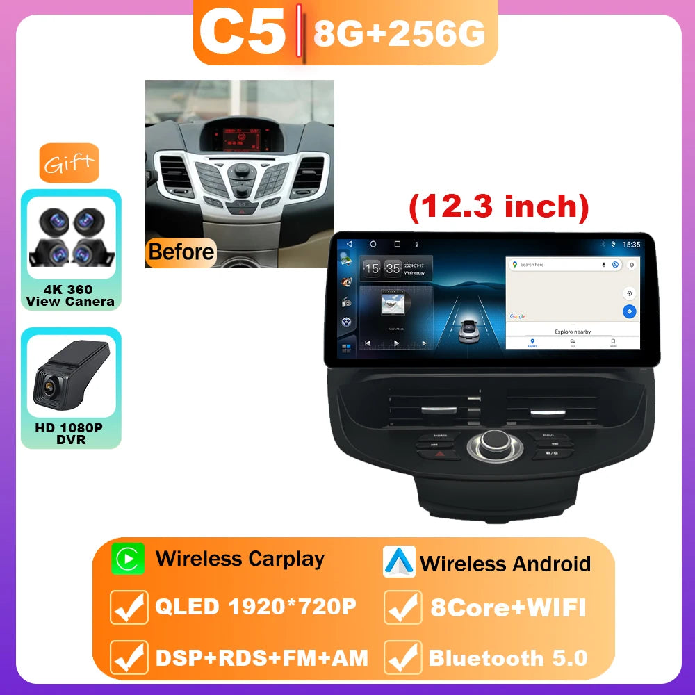12.3" Android 15 Car Radio — Compatible with Ford Fiesta | QLED | 4G