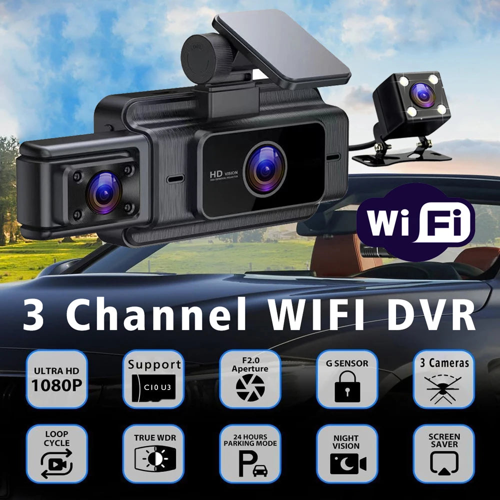 WiFi 3-Channel Dash Cam — 1080P, Cabin Lens
