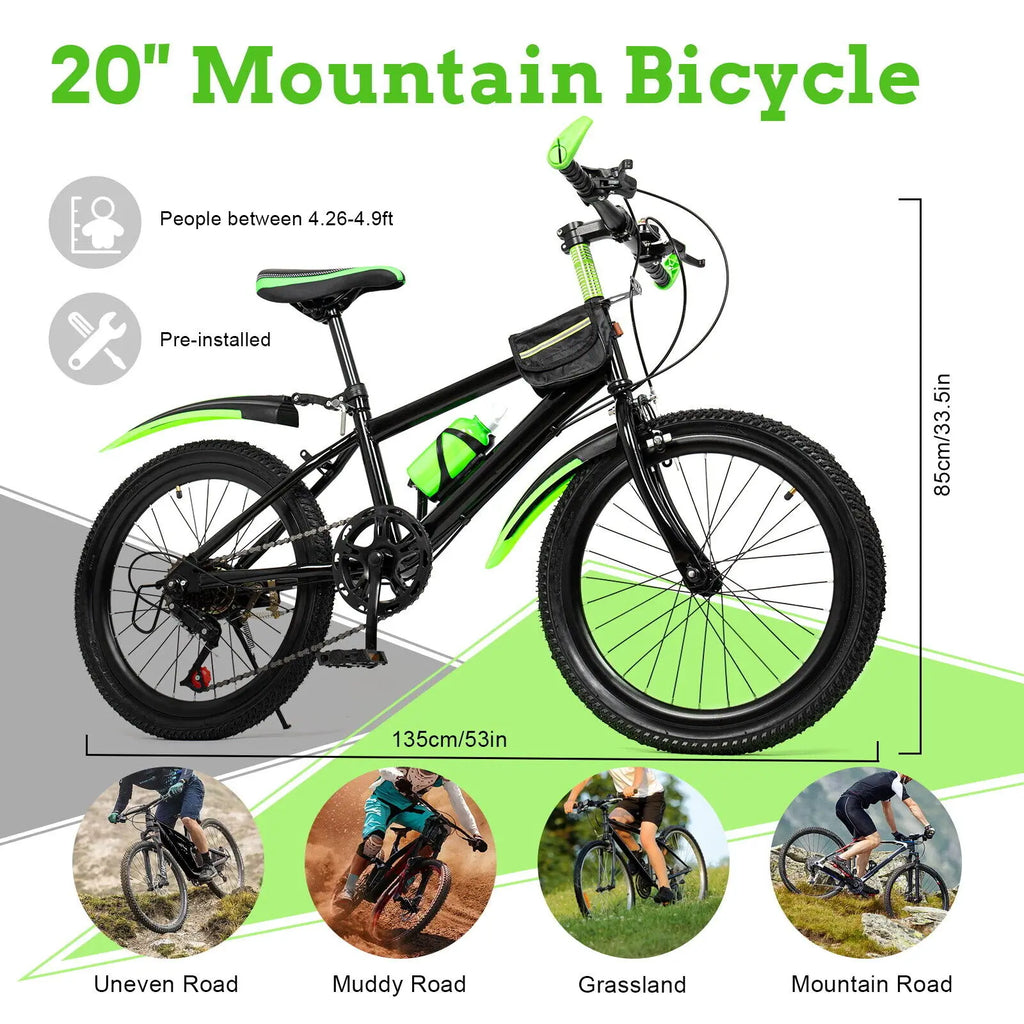20" Kids Mountain Bike 7-Speed with Adjustable Seat & 187LB Capacity, All-Terrain Bicycle for Outdoor Adventure