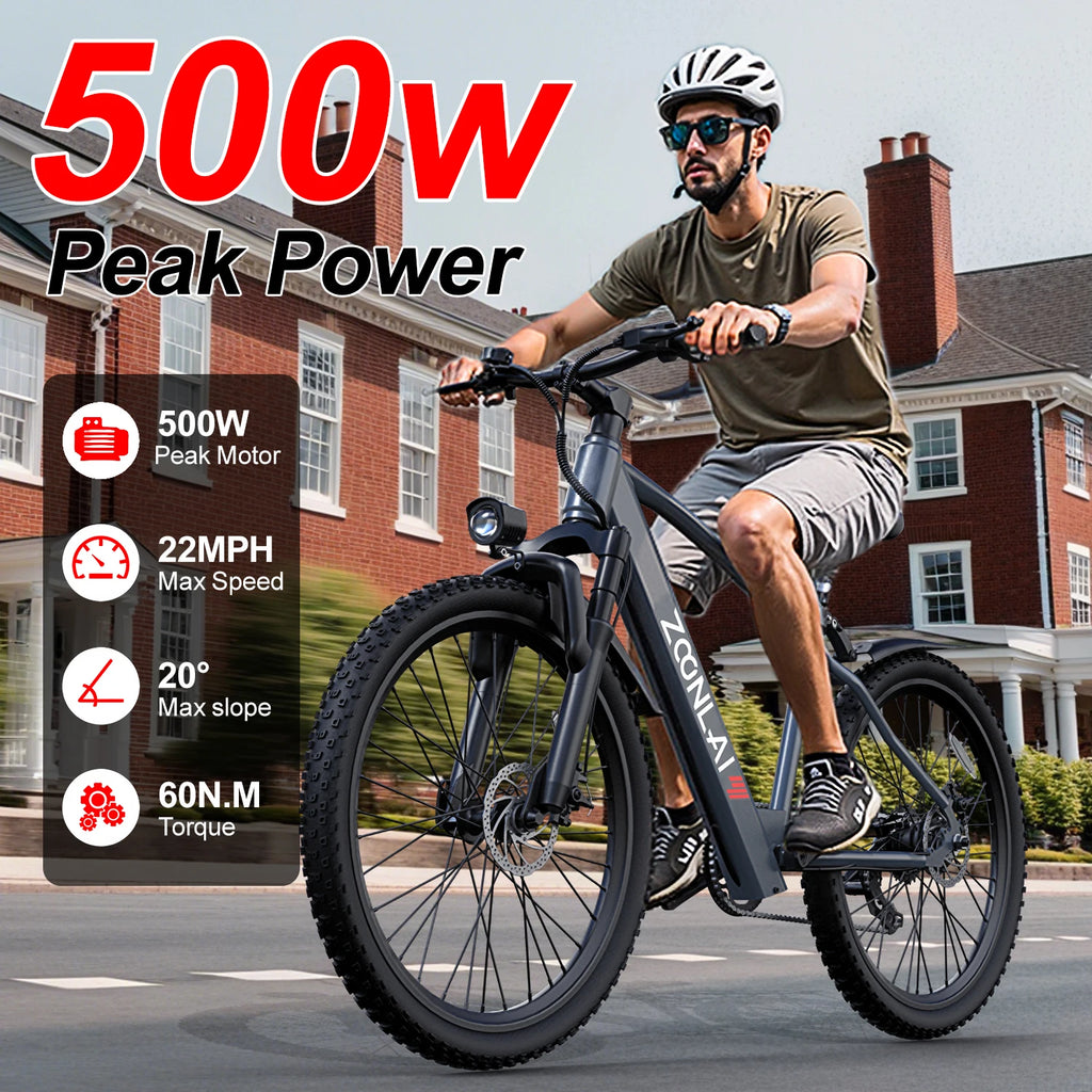 Adult electric bike with a 500W motor, 26x1.95 anti-slip tyres, a 36V 10.4Ah removable battery, a 7-speed gear system, and unisex pedal-assisted electric bike