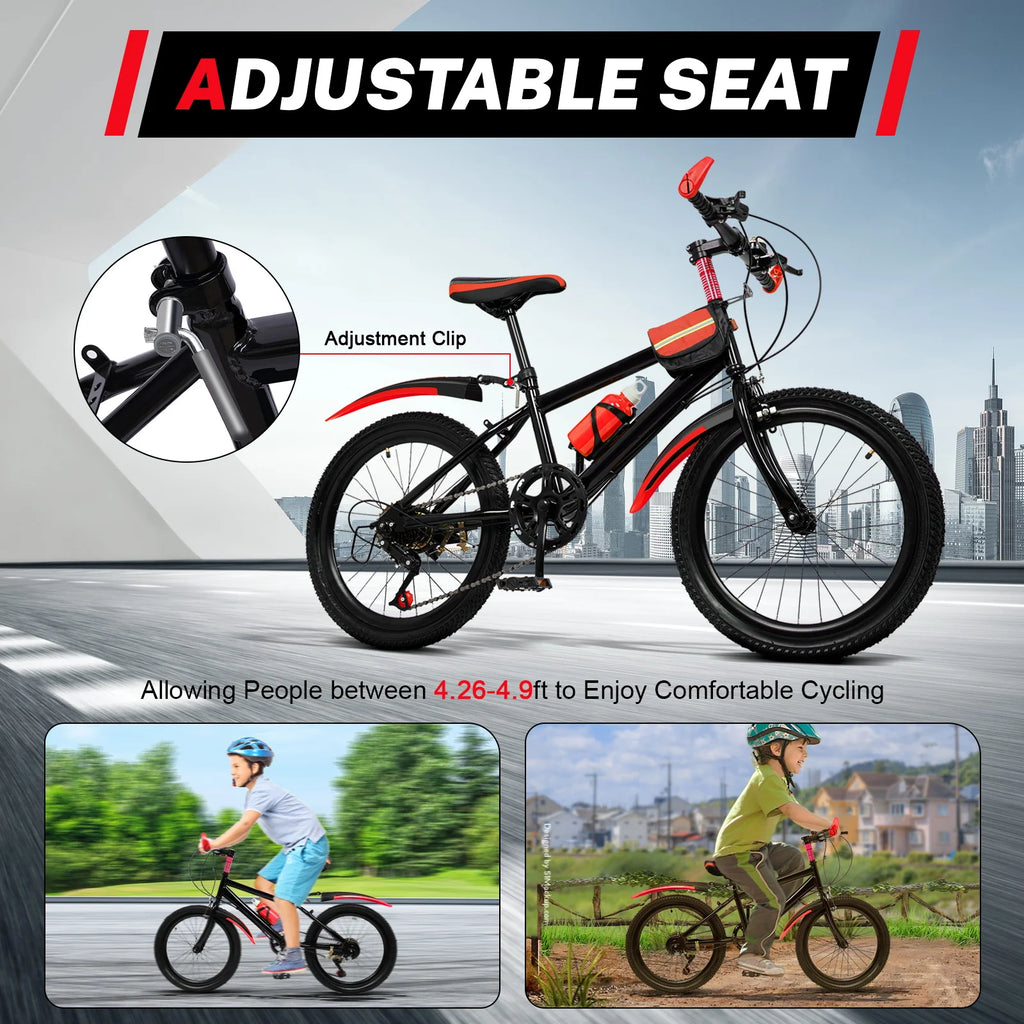 20 Inch Kids Bike Children Bicycle for Boys Girls Ages 8-12 Years Old, MTB Mountain Bike 7 Speed City Bike, GREEB/RED