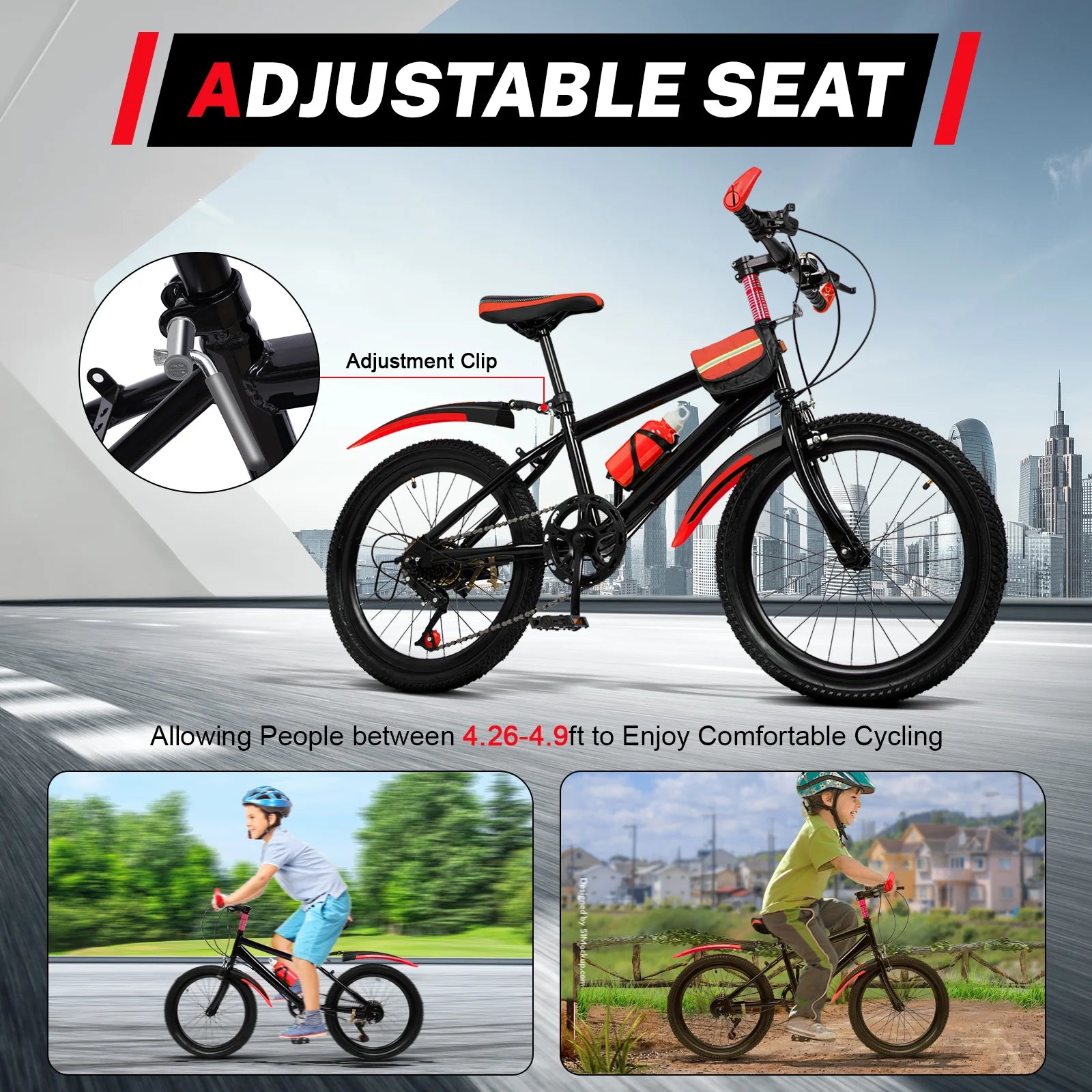 20 Inch Kids Bike Children Bicycle for Boys Girls Ages 8-12 Years Old, MTB Mountain Bike 7 Speed City Bike, GREEB/RED