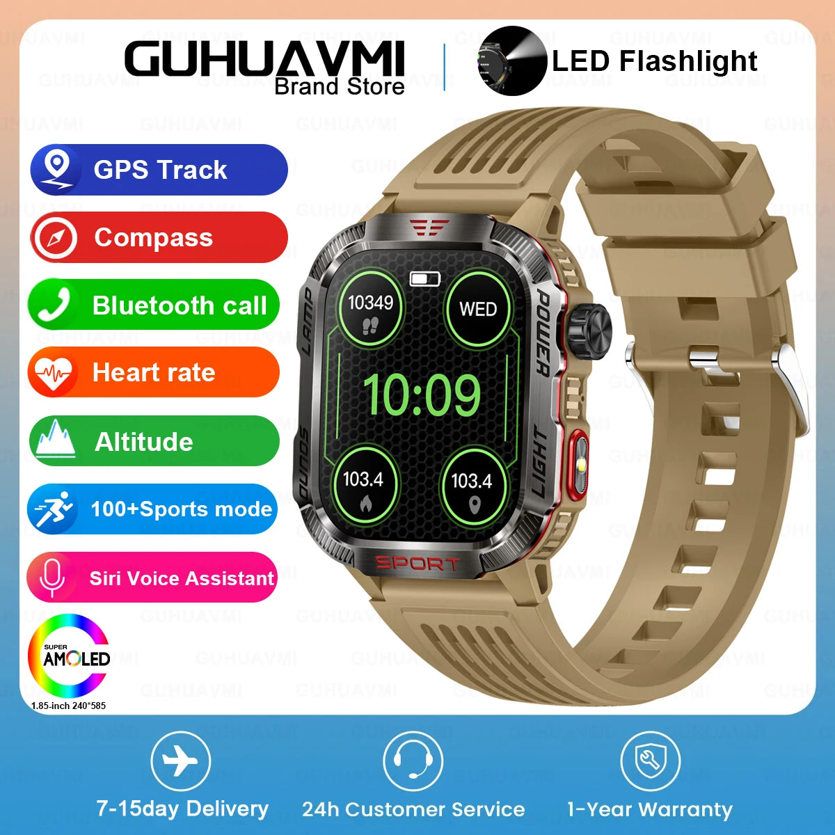 GUHUAVMI Outdoor Watch — AMOLED, GPS, Bluetooth