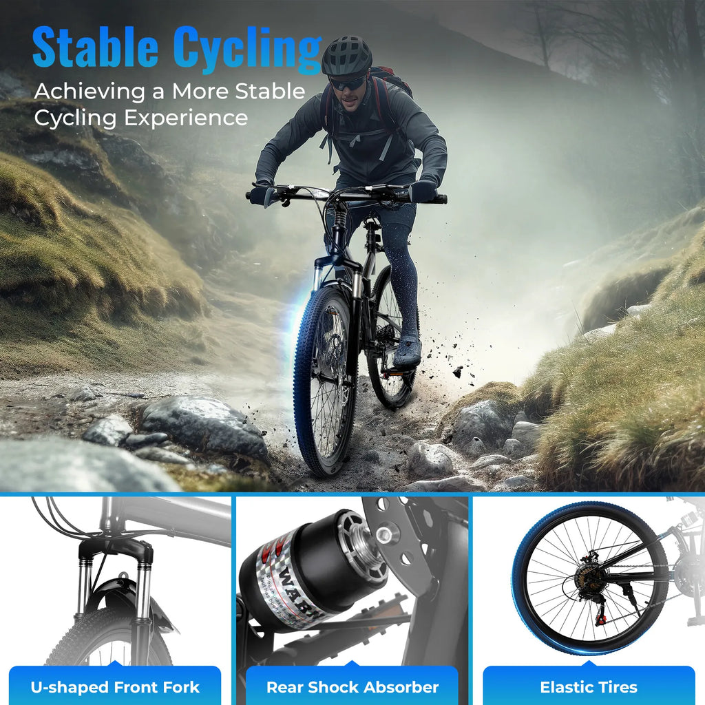 Black 26" Foldable Mountain Bike Carbon Steel - 21 Speeds (3 Front/7 Rear Gears), 220Lbs Max Load, Argon Arc Welding