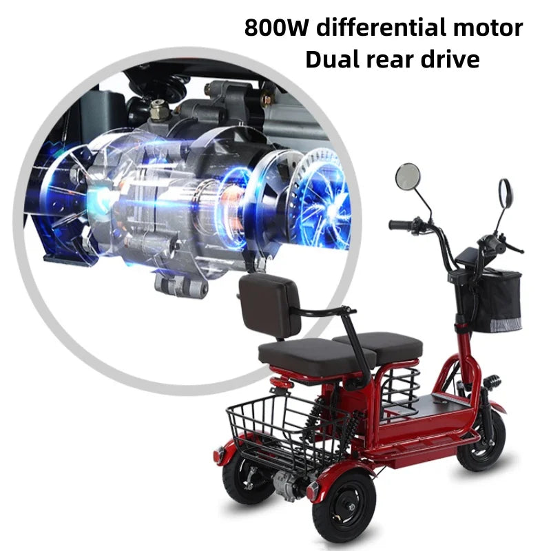 Powerful Parent Child Adult Electric Tricycle 3 Wheel For Elderly 2 Seat 800W Battery Removable Long Range Electric Scooter 60KM