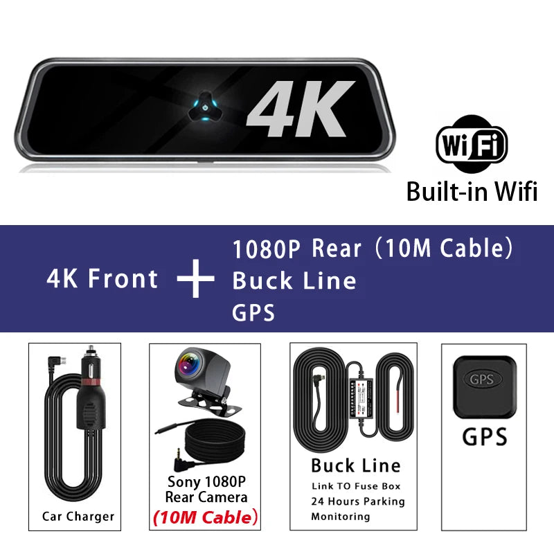10" 4K Dash Cam — Dual Lens, GPS, WiFi