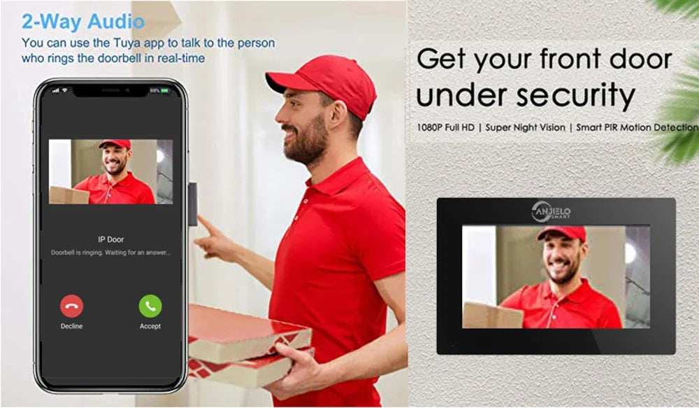 Anjielo Tuya 1080P 7/10 Zoll Touch-Monitor Fingerabdruck-Entsperrung Video-Gegensprechanlage Türklingel-Sicherheitssystem für Villen und Eigenheime