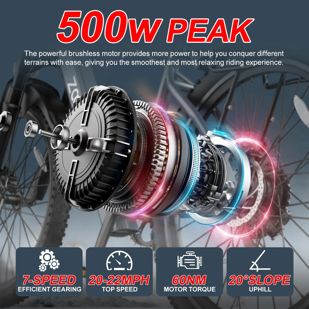 Adult electric bike with a 500W motor, 26x1.95 anti-slip tyres, a 36V 10.4Ah removable battery, a 7-speed gear system, and unisex pedal-assisted electric bike
