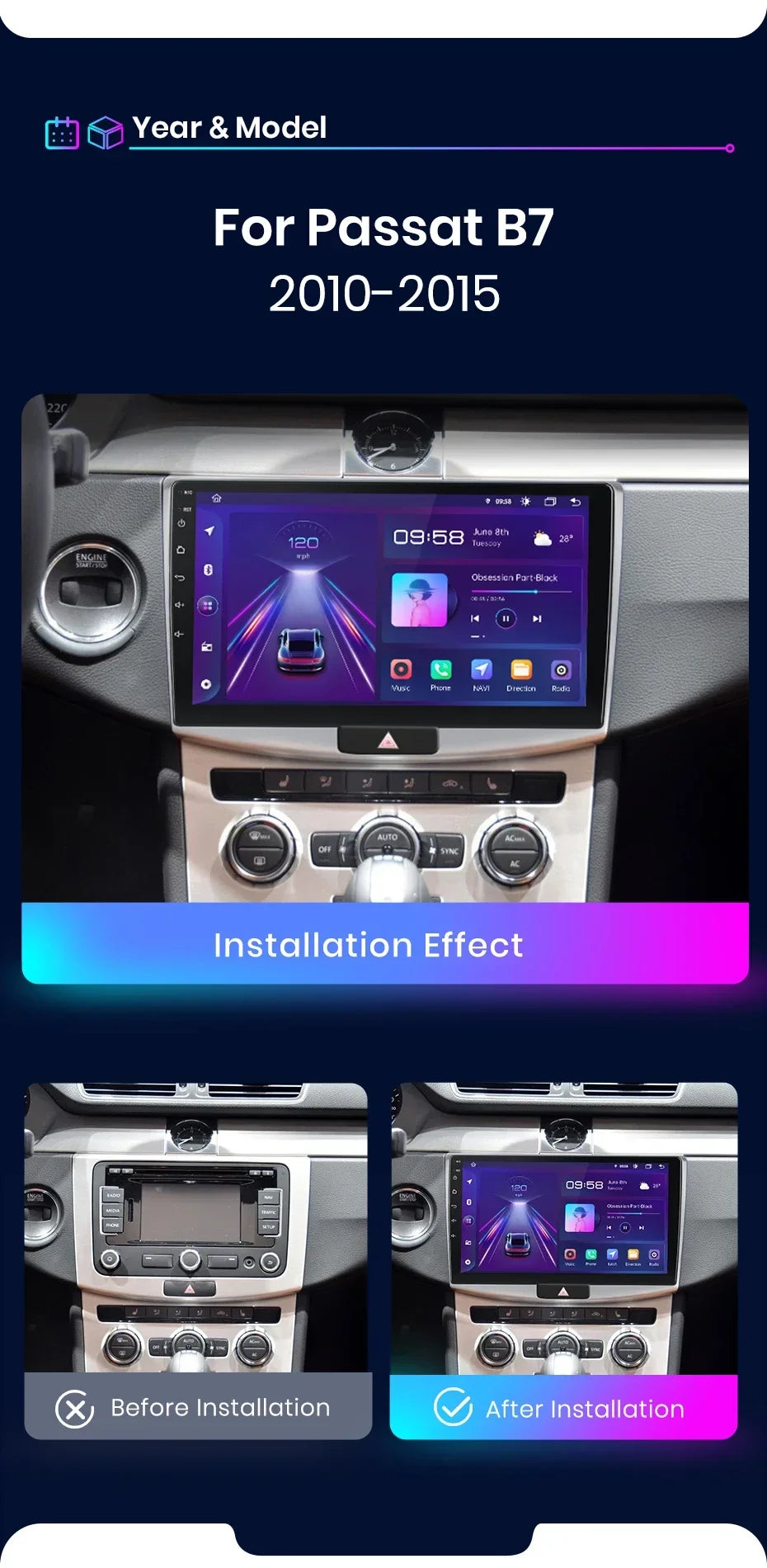 Junsun Wireless CarPlay Radio — VW Passat B6/B7 & CC 2005-2014, Android GPS, WLAN, DSP
