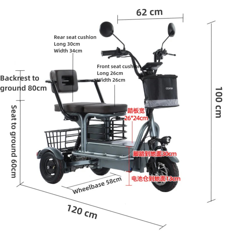 Powerful Parent Child Adult Electric Tricycle 3 Wheel For Elderly 2 Seat 800W Battery Removable Long Range Electric Scooter 60KM