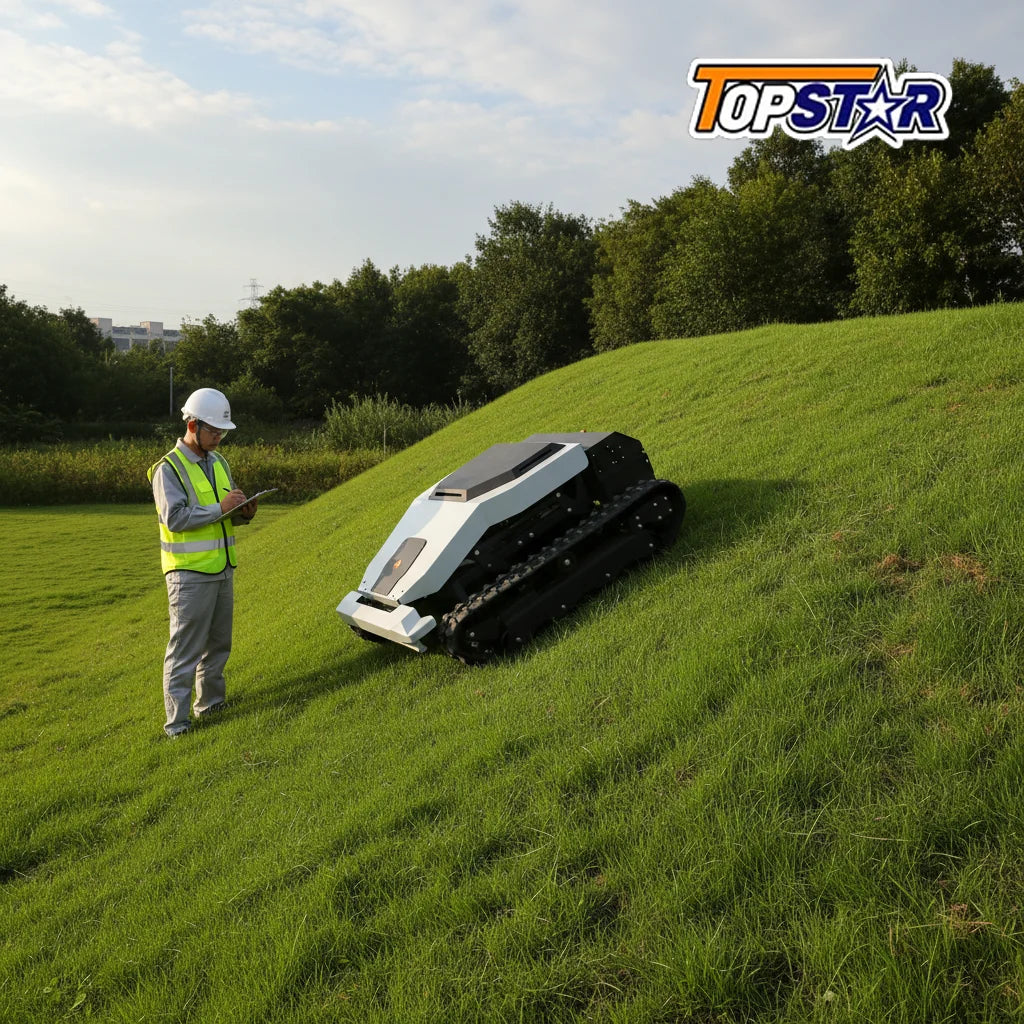 Cordless Tracked Lawn Mower with Obstacle Detection And GPS Remote Control for Rough Terrain Commercial Farm Use