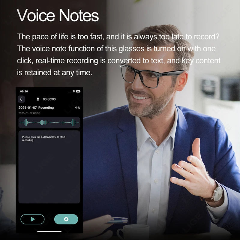 Lunettes Intelligentes LIGE — Bluetooth sans fil, Micro intégré, Contrôle tactile et Traduction