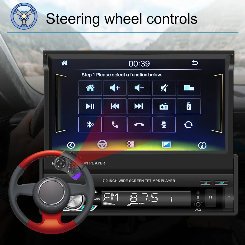 Podofo 1Din — Retractable Screen, CarPlay, Android Auto