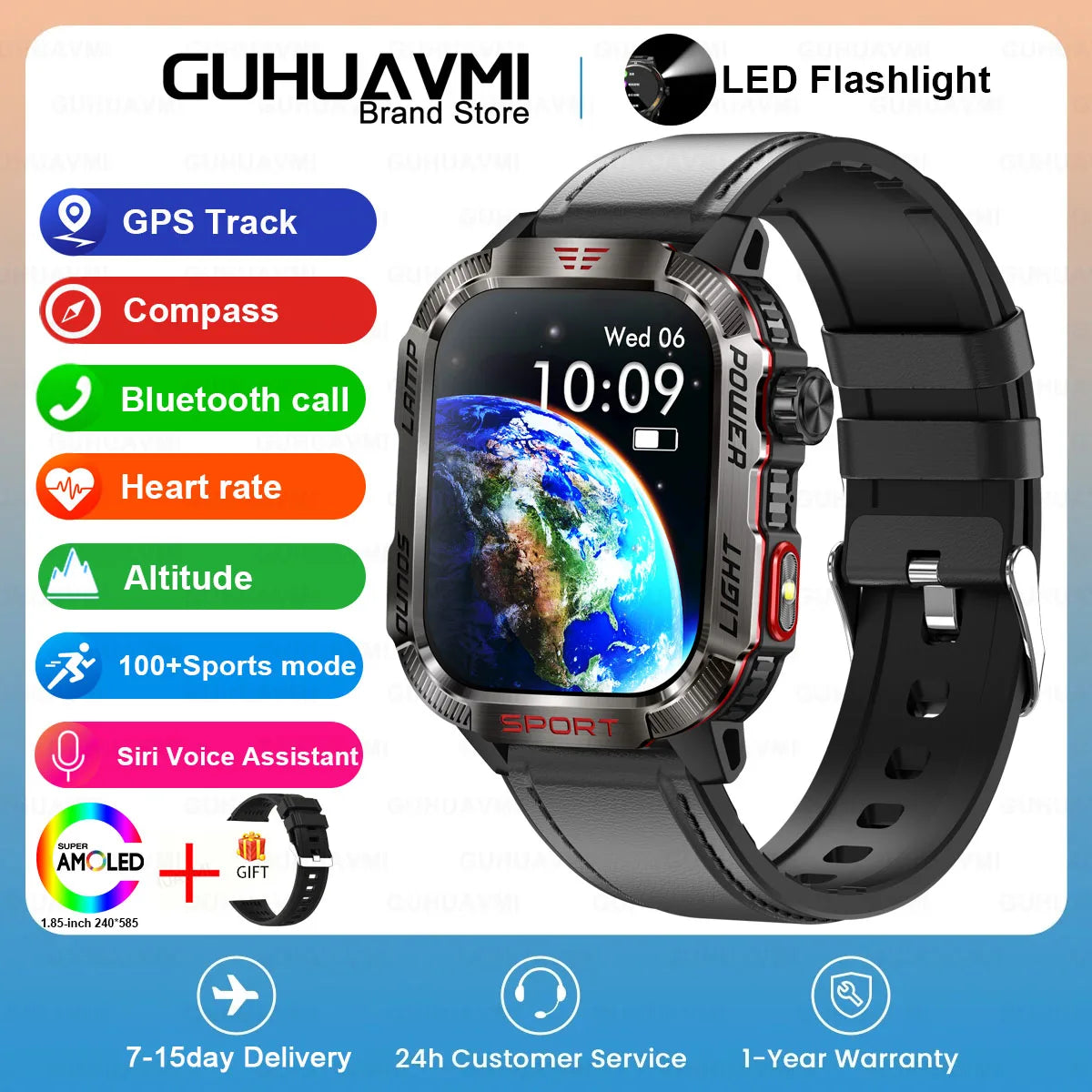 GUHUAVMI Outdoor Watch — AMOLED, GPS, Bluetooth