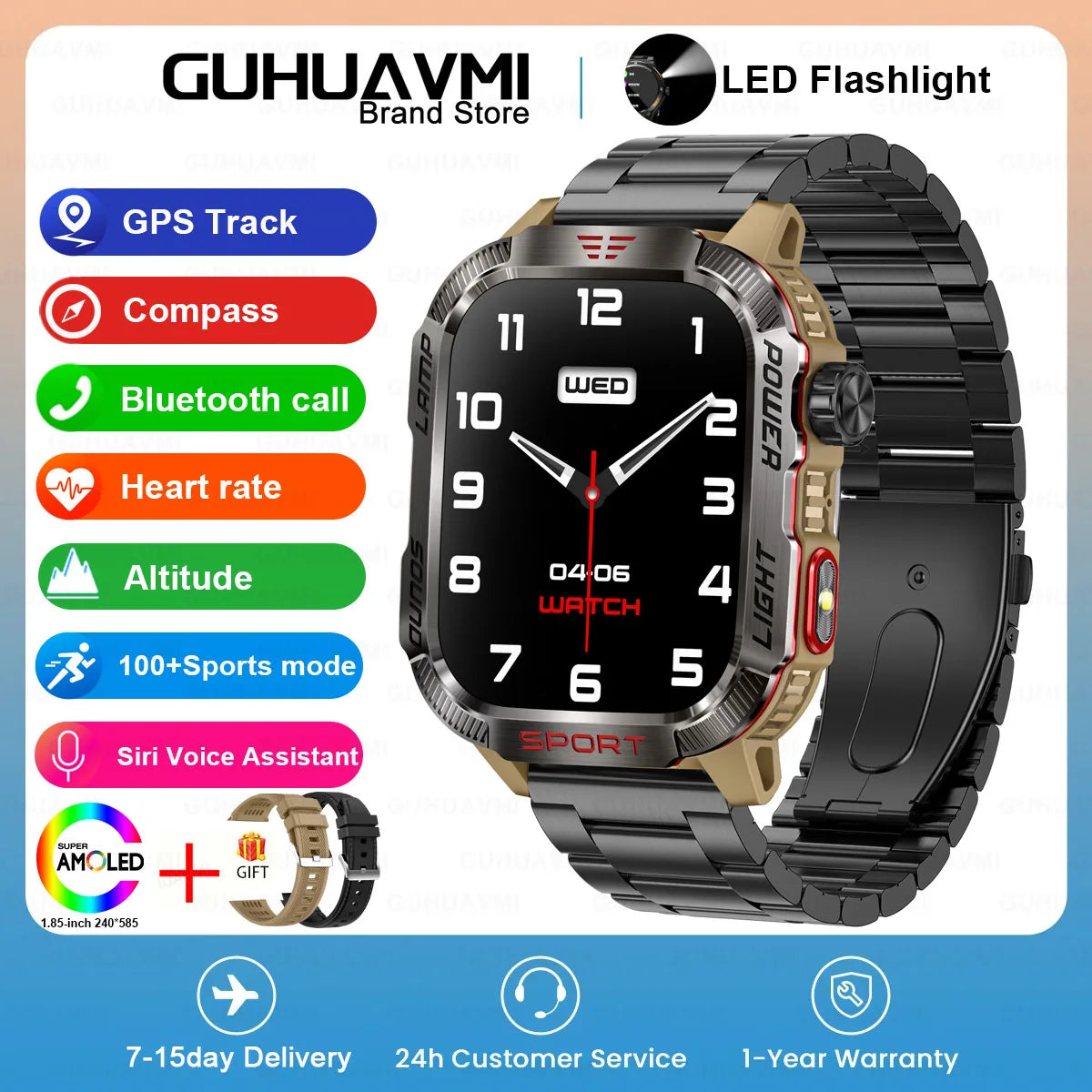 GUHUAVMI Outdoor Watch — AMOLED, GPS, Bluetooth