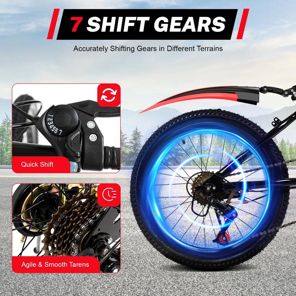 20 Inch Kids Bike Children Bicycle for Boys Girls Ages 8-12 Years Old, MTB Mountain Bike 7 Speed City Bike, GREEB/RED