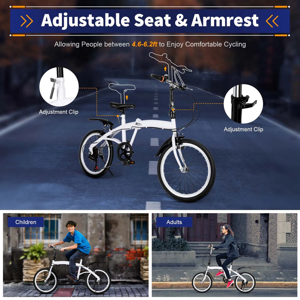 White Foldable Bicycle for Kids & Adults (4.6-6.2ft) - 6-Speed, Dual V-Brakes,Portable for Outdoor, Muddy, Mountain Roads