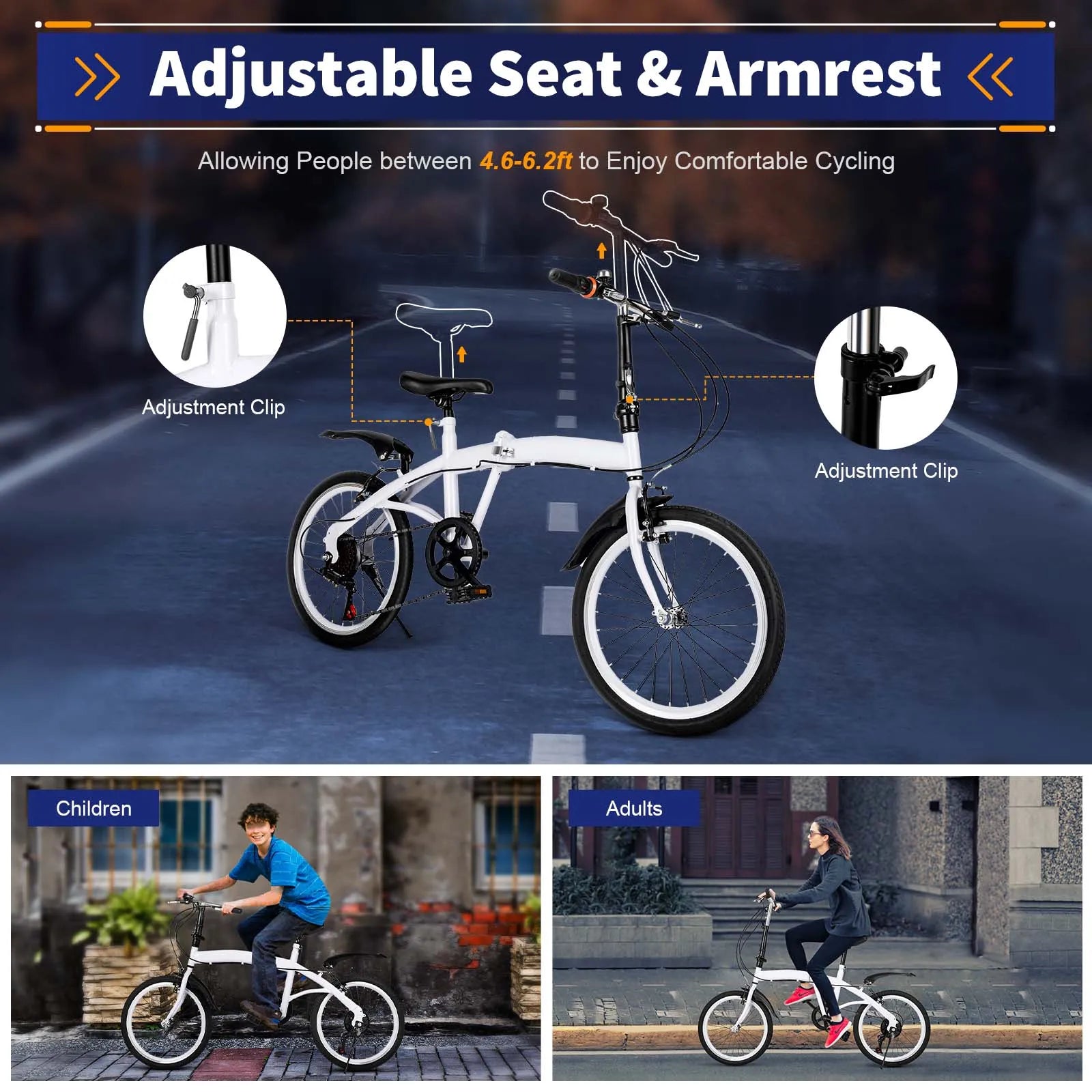 White Foldable Bicycle for Kids & Adults (4.6-6.2ft) - 6-Speed, Dual V-Brakes,Portable for Outdoor, Muddy, Mountain Roads