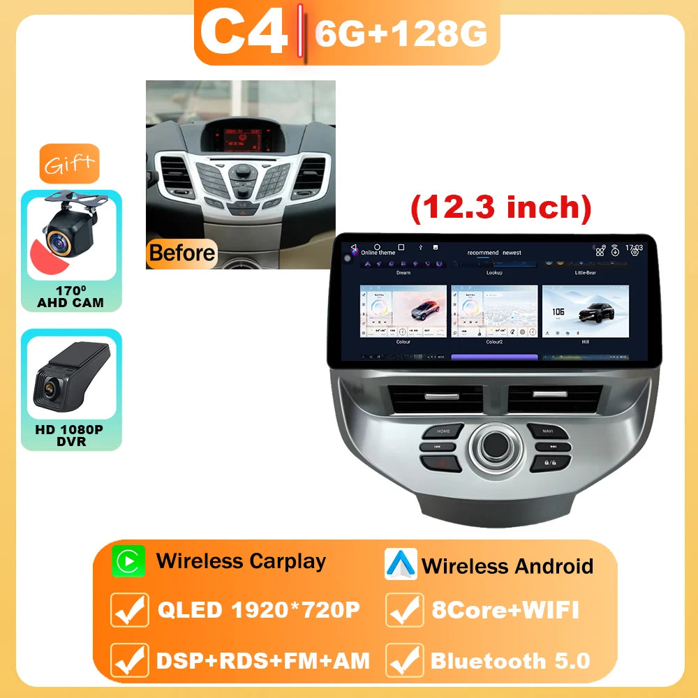 12.3" Android 15 Car Radio — Compatible with Ford Fiesta | QLED | 4G