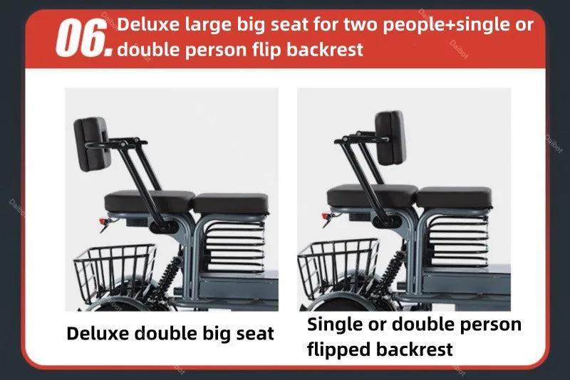 Powerful Parent Child Adult Electric Tricycle 3 Wheel For Elderly 2 Seat 800W Battery Removable Long Range Electric Scooter 60KM