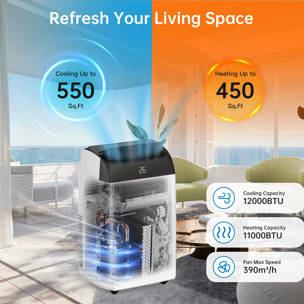 Air Conditioner,12000 BTU Portable Air Conditioner, 4-In-1 Cool/Heating/Fan/Dehumidify Modes With Remote Control, 24 Hours Timer