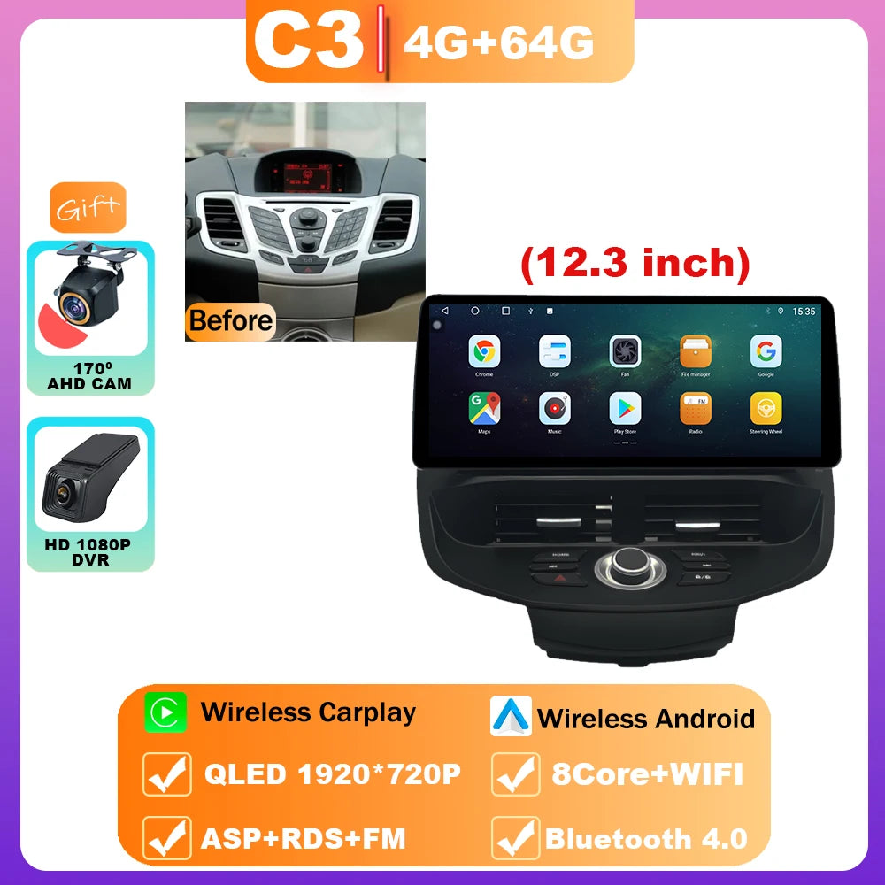 12.3" Android 15 Car Radio — Compatible with Ford Fiesta | QLED | 4G