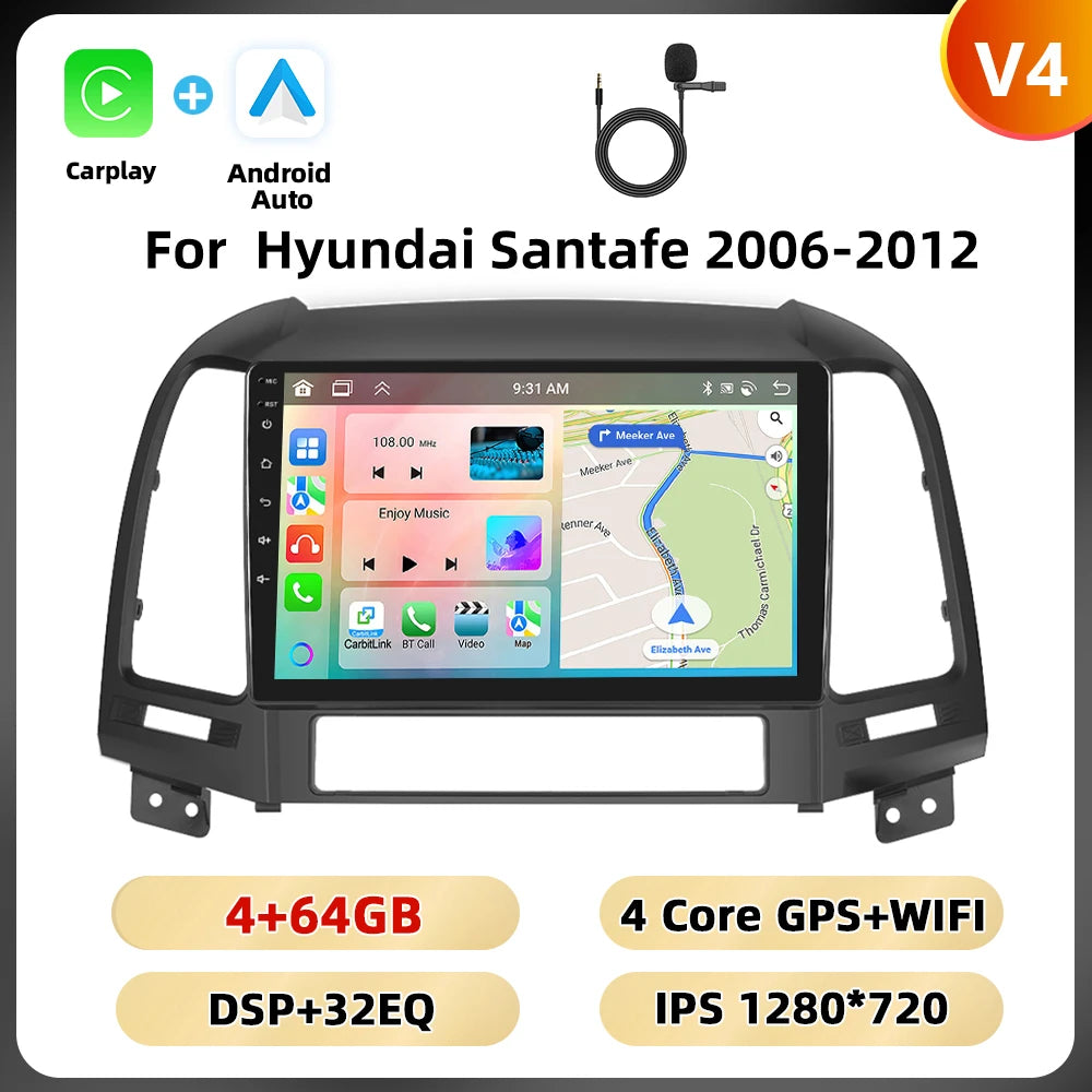 Podofo Hyundai Santa Fe — 8+128G, CarPlay, 4G