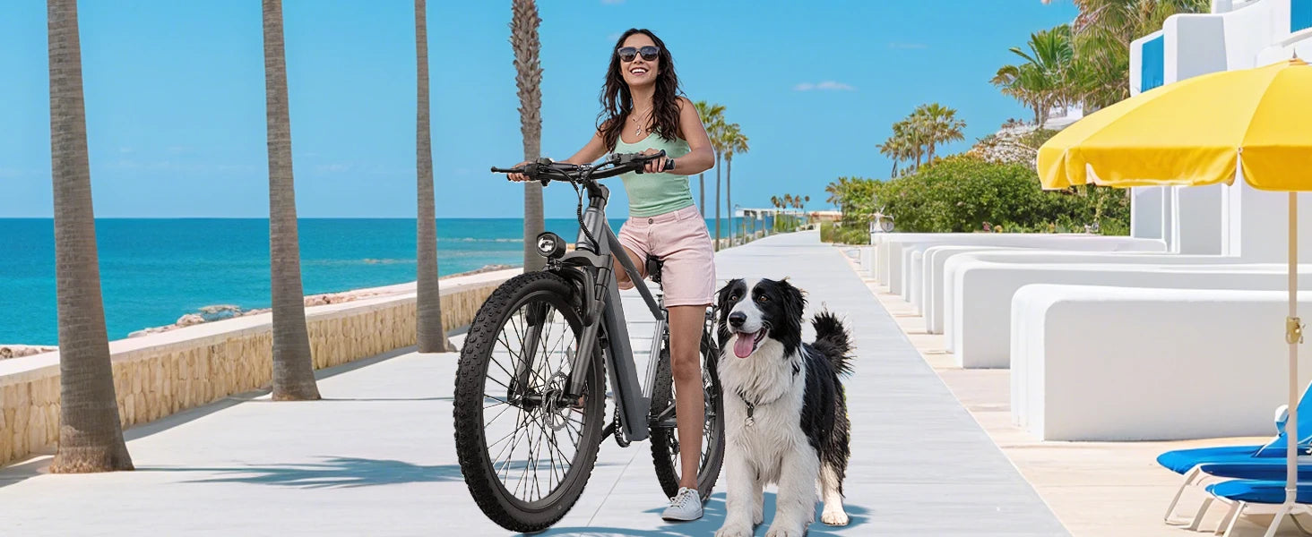Adult electric bike with a 500W motor, 26x1.95 anti-slip tyres, a 36V 10.4Ah removable battery, a 7-speed gear system, and unisex pedal-assisted electric bike