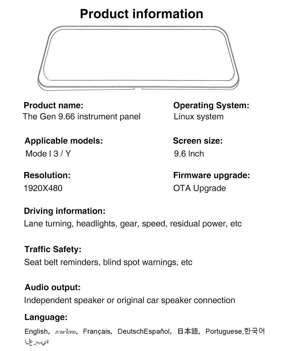 For Tesla Display 9.6 Inches New HUD For Model 3 2016-2023 & Model Y 2020-2024 Support Multiple Languages Carplay Android Auto