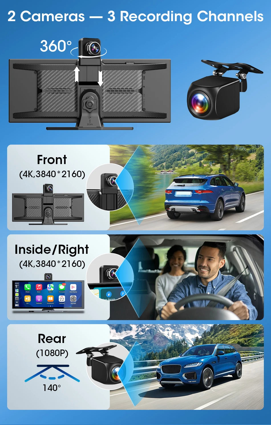 4K Dash Cam — Wireless CarPlay, Dual Lens