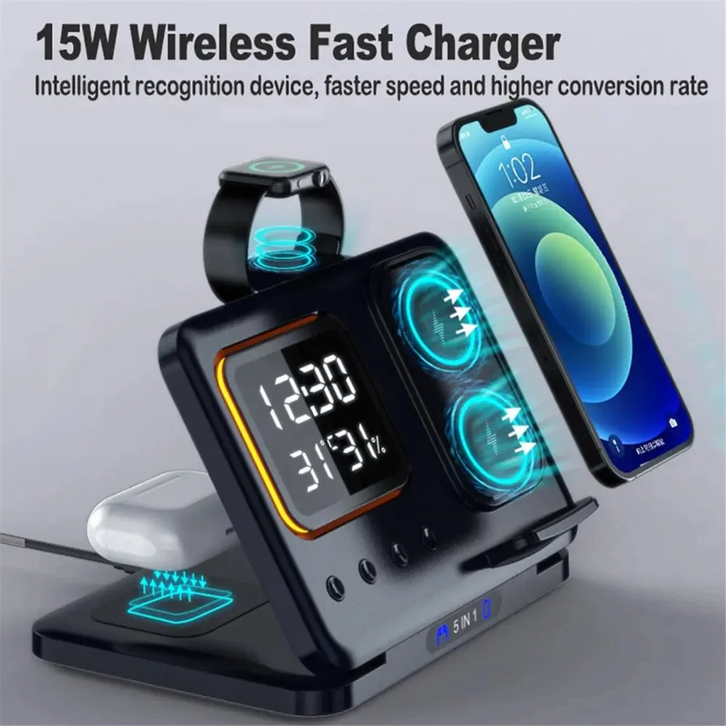5-in-1 Charging Station — LED Clock, Fast Charge