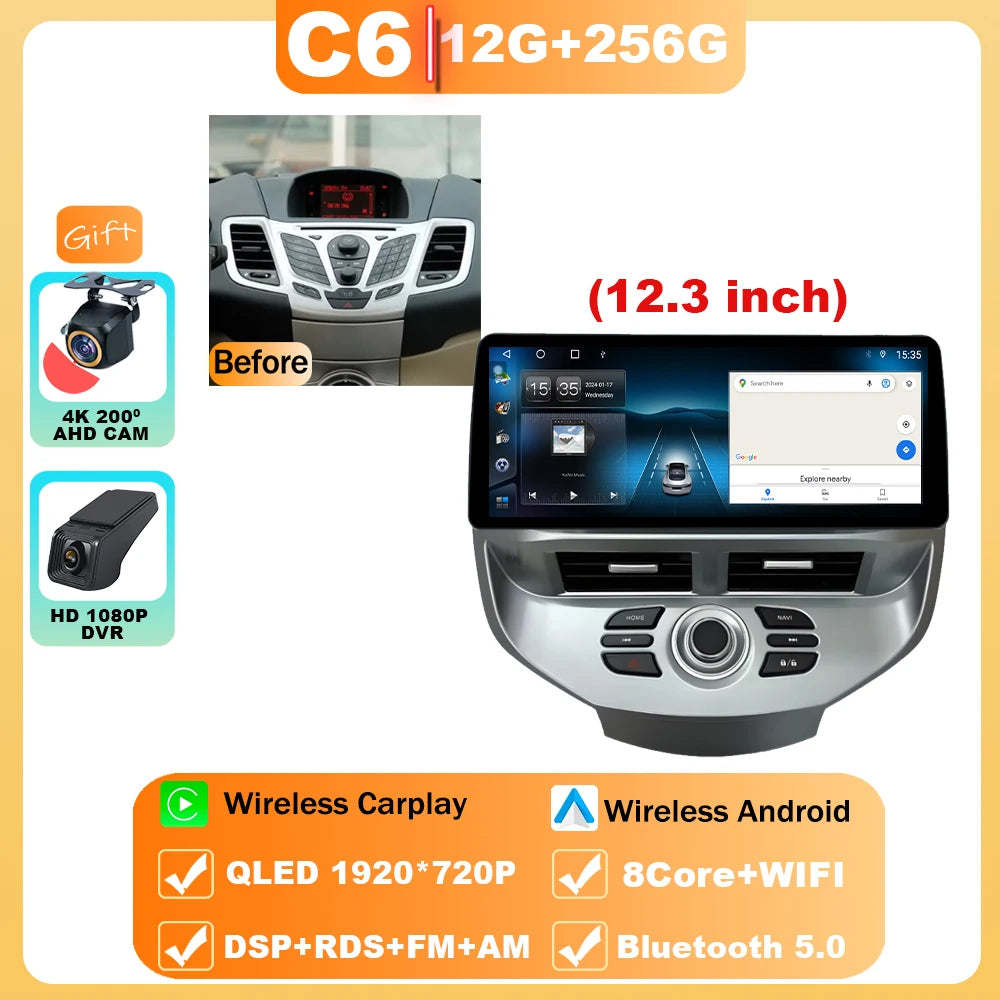 12.3" Android 15 Car Radio — Compatible with Ford Fiesta | QLED | 4G