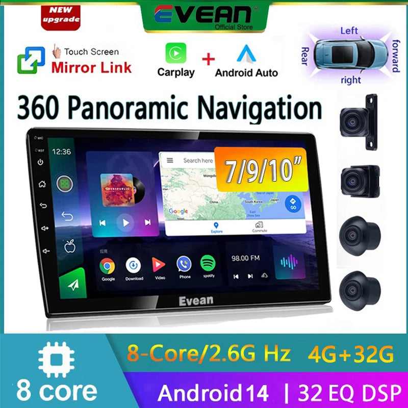Evean 2Din Radio — Android 14, QLED, 360 Camera