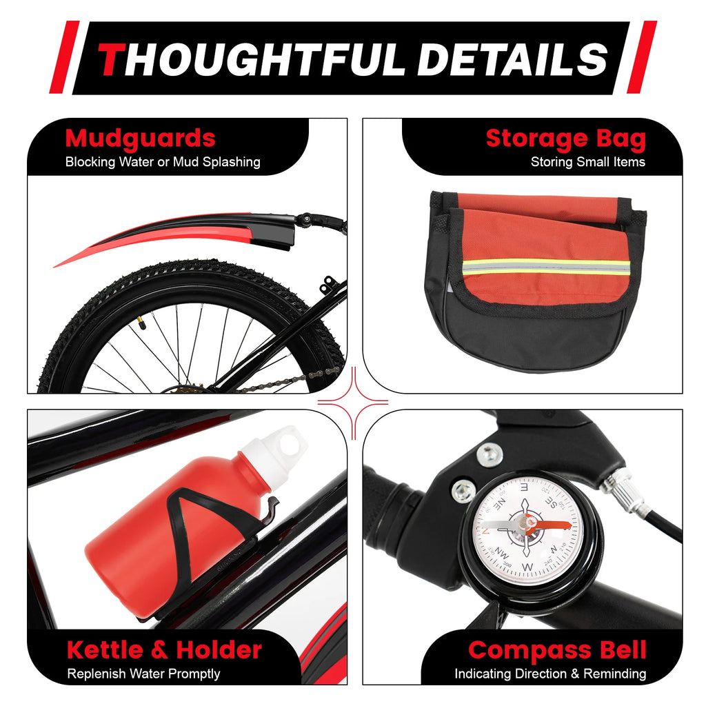 20 Inch Kids Bike Children Bicycle for Boys Girls Ages 8-12 Years Old, MTB Mountain Bike 7 Speed City Bike, GREEB/RED
