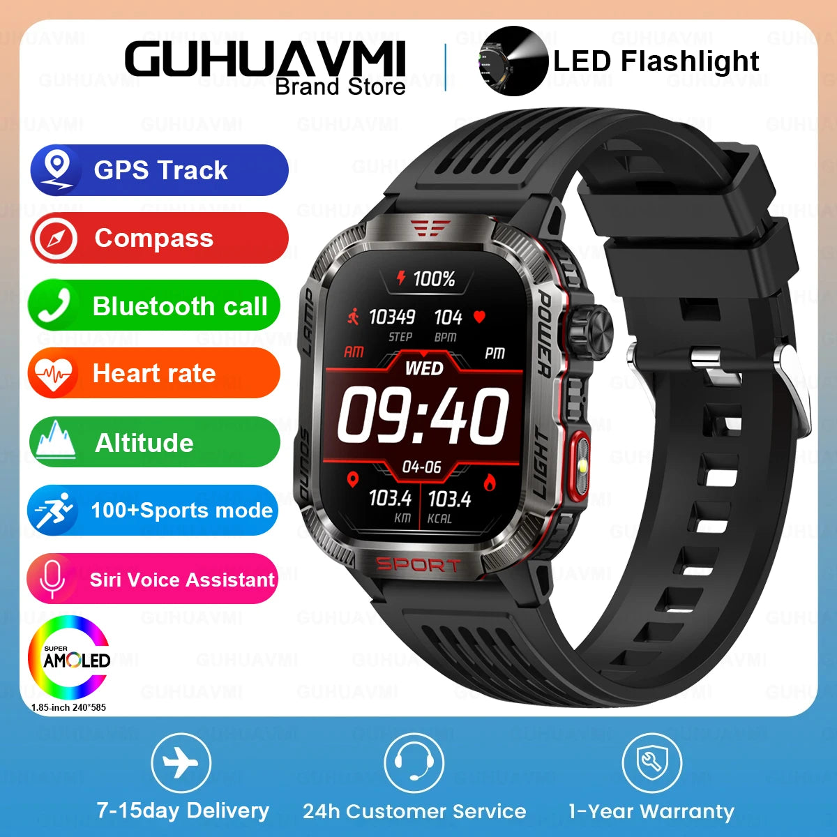 GUHUAVMI Outdoor Watch — AMOLED, GPS, Bluetooth