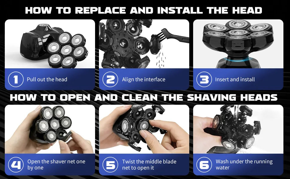 SEJOY Multifunctional 7D Head Shavers for Bald Men 6-in-1 Electric Razor with Nose Hair Trimmer Waterproof Mens Grooming Kit